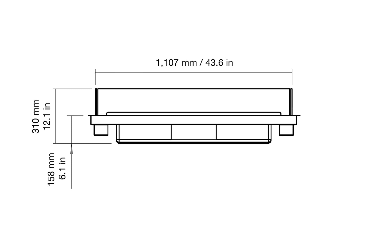 Technical drawing of a rectangular object with dimensions labeled