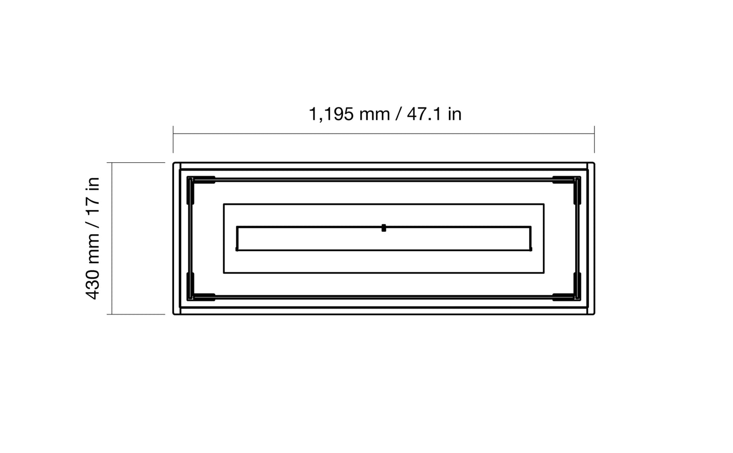 Rectangular object with dimensions labeled in millimeters and inches