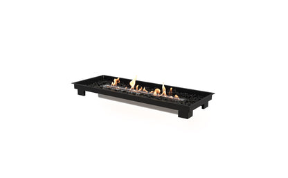Black rectangular fire pit with flames on a white background