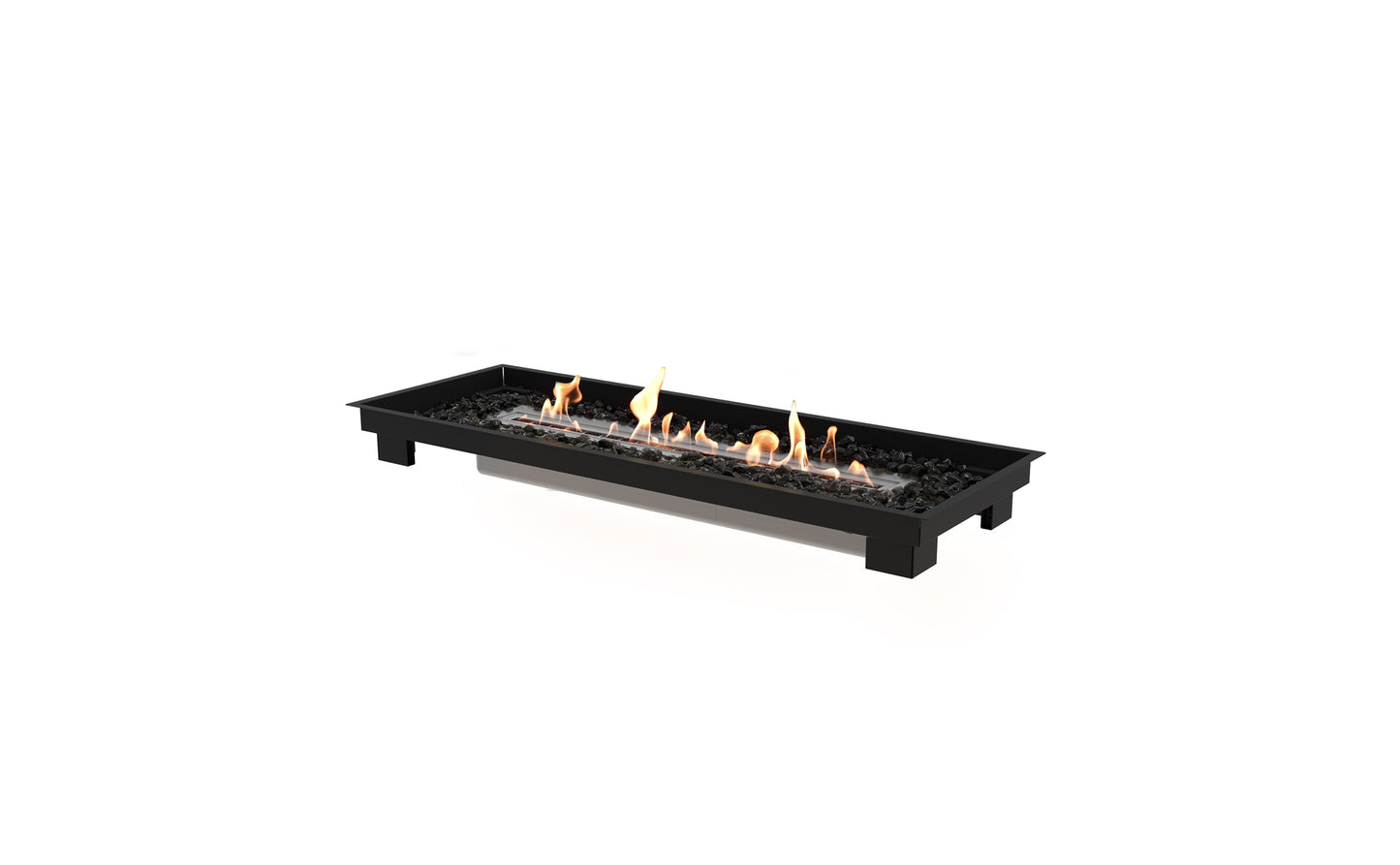 Black rectangular fire pit with flames on a white background