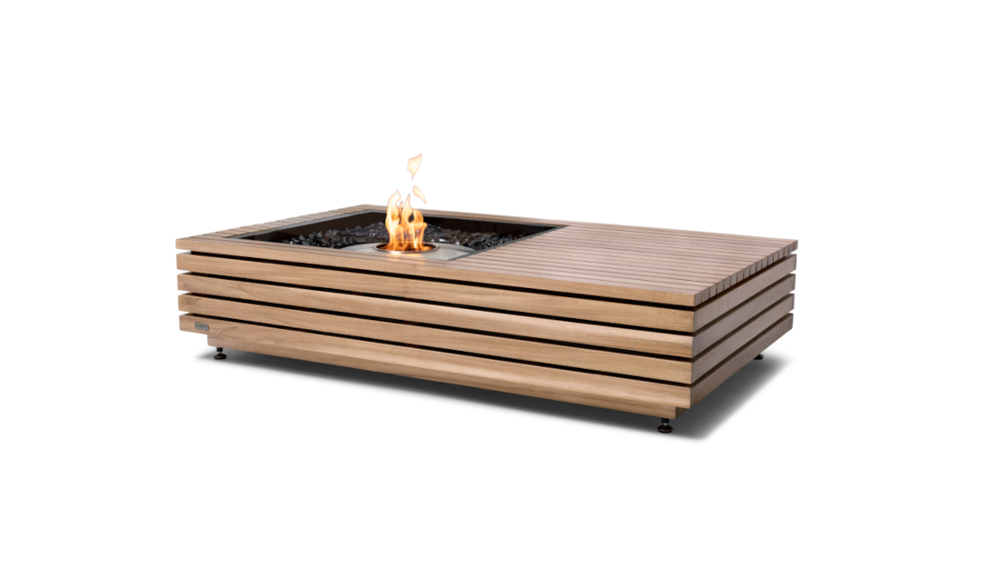 Wooden fire pit table with flames on a white background
