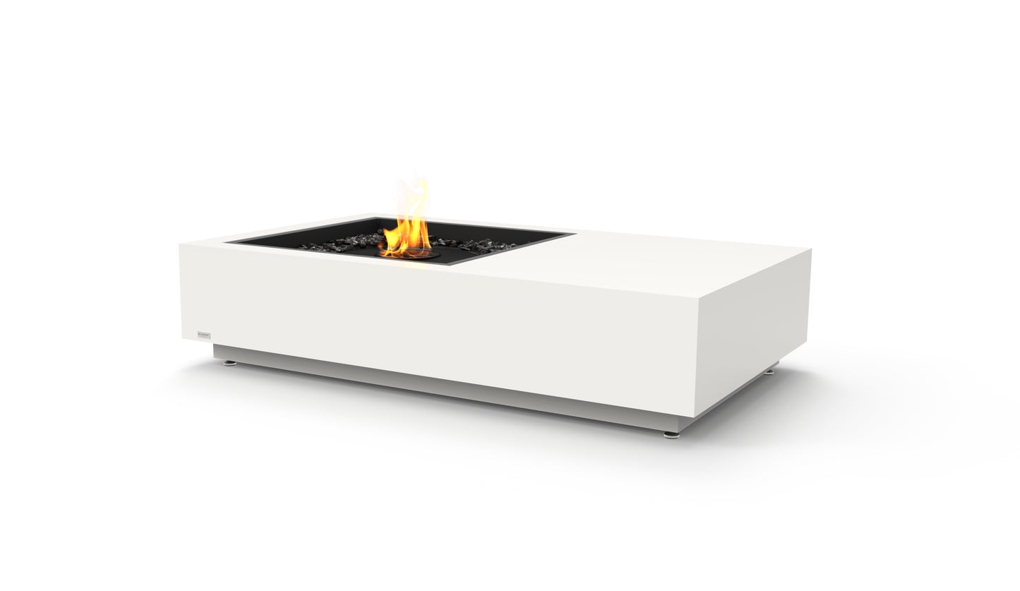 Modern white fire pit table with flames on a white background