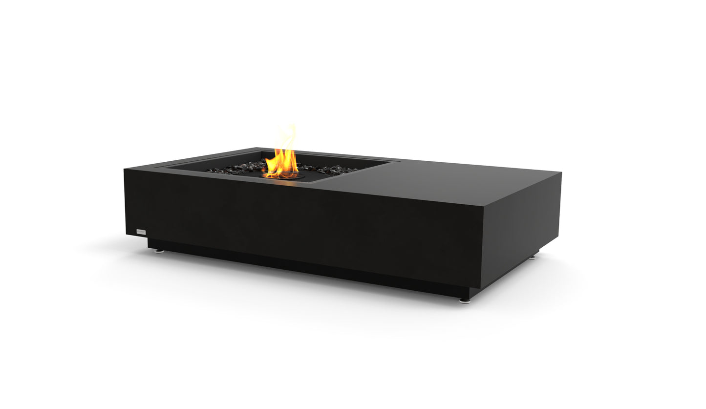Modern black fire pit table with flames on a white background