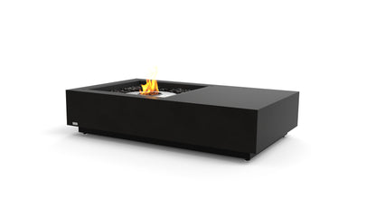 Modern black fire pit table with flames on a white background