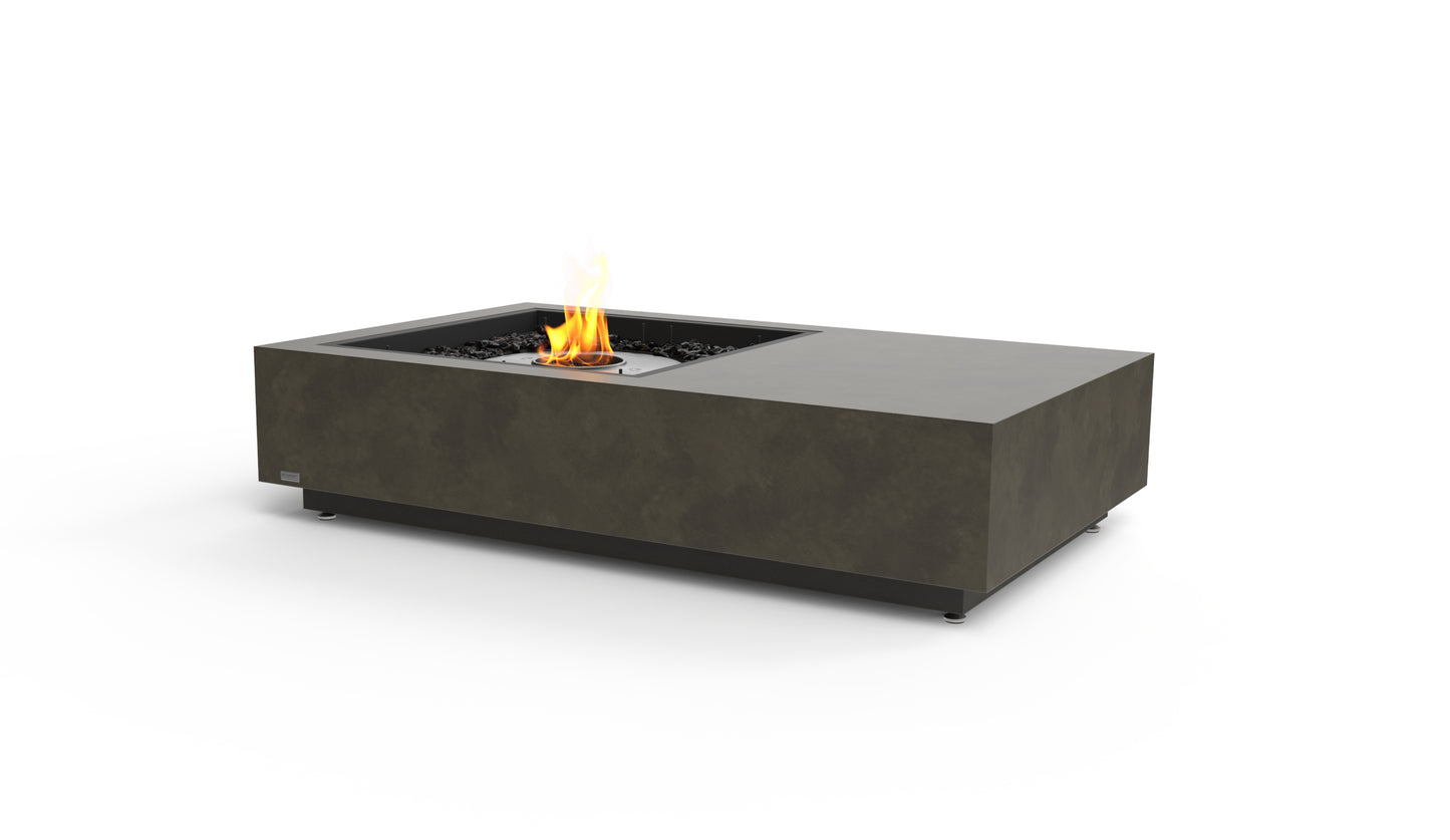 Modern fire pit table with flames on a white background