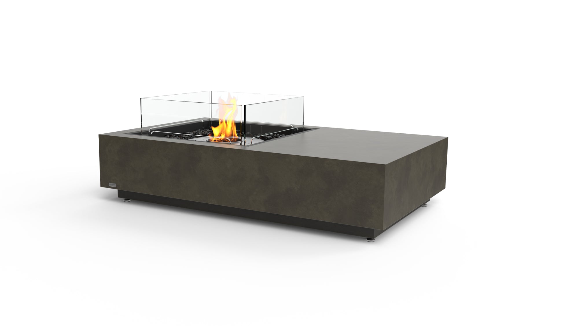 Grey rectangular fire pit with flames on a white background