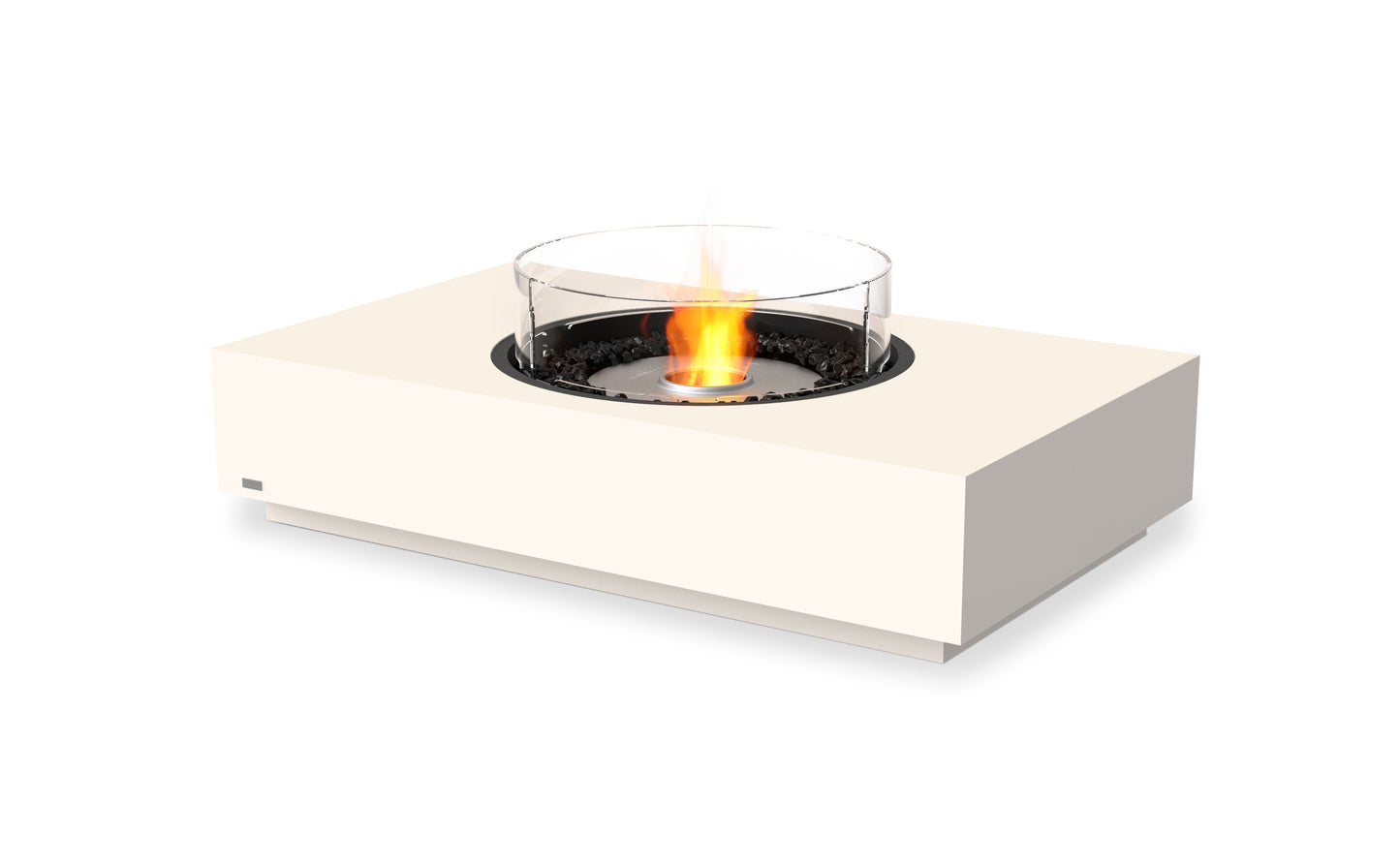 White rectangular fire pit with flames on a white background