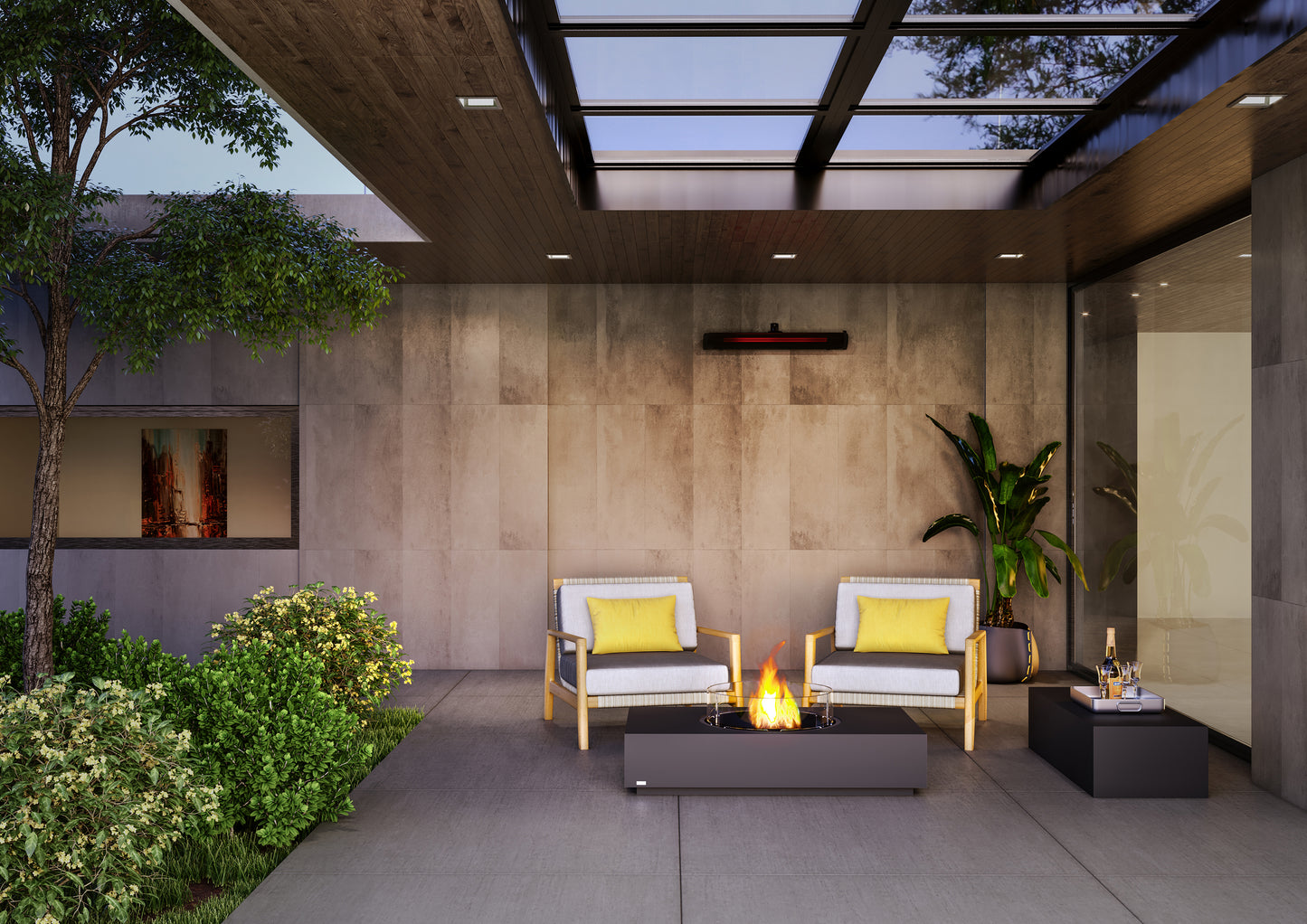 Modern outdoor patio with fire pit, chairs, and plants