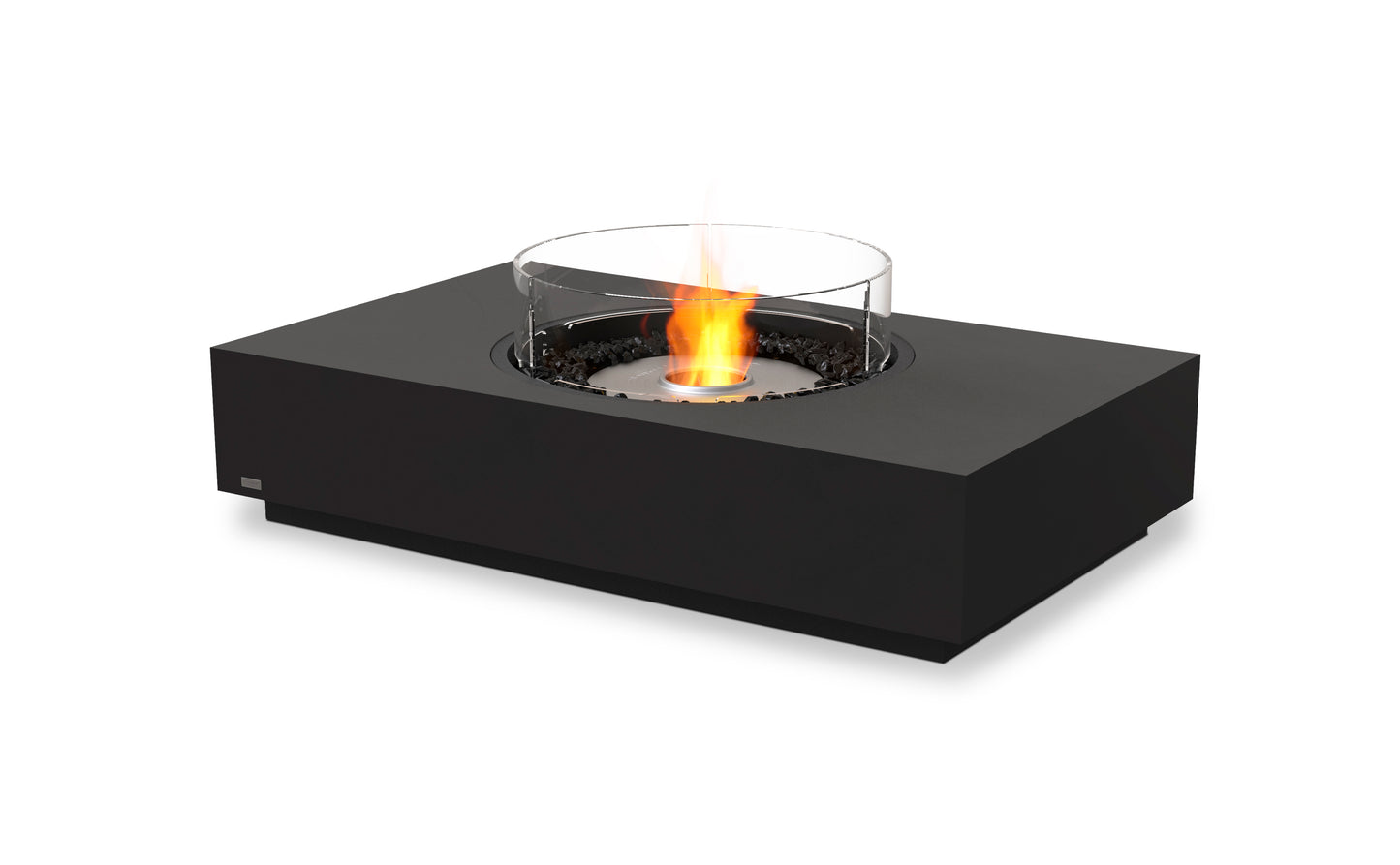 Black rectangular fire pit with flames on a white background