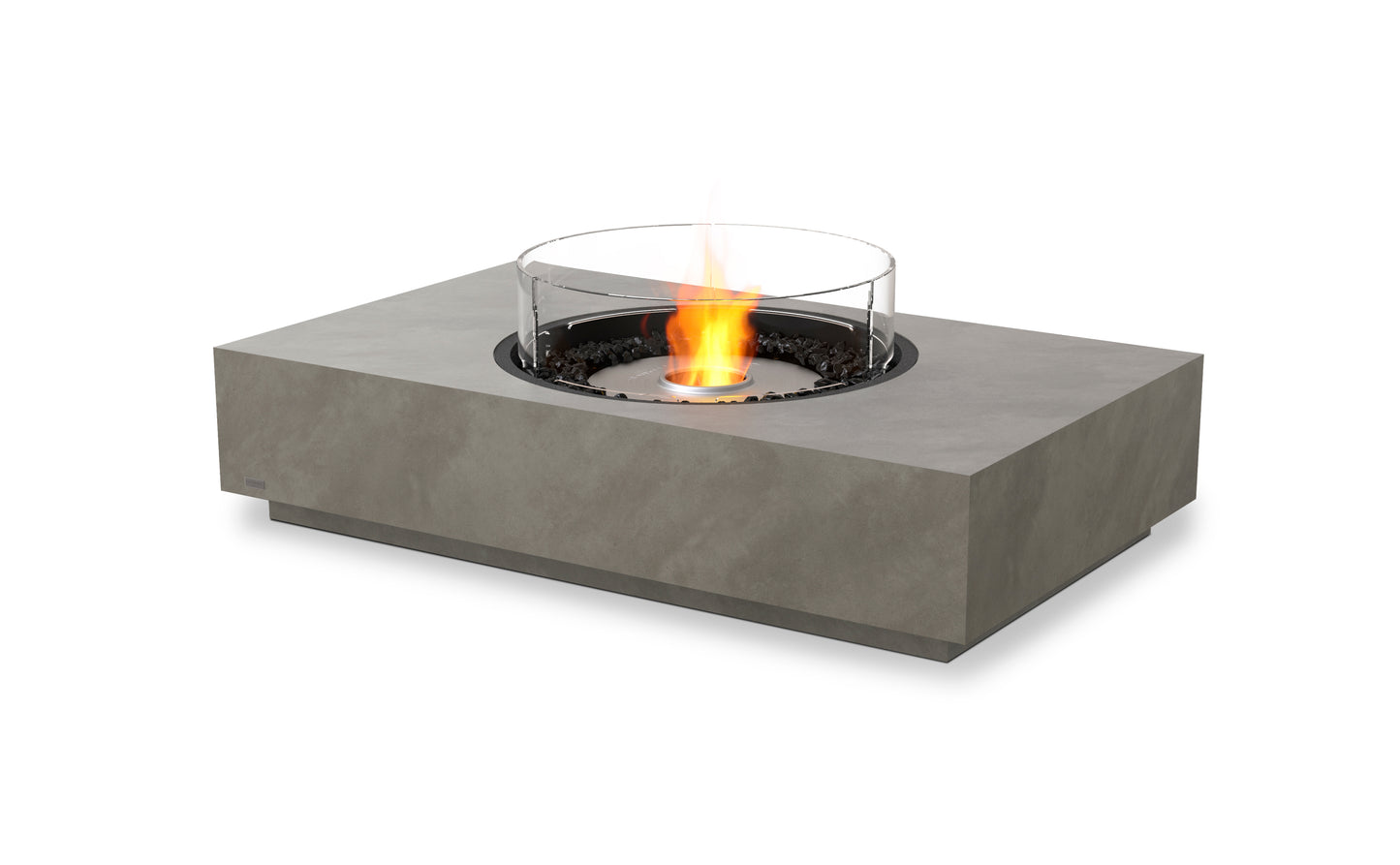 Concrete rectangular fire pit with flames on a white background