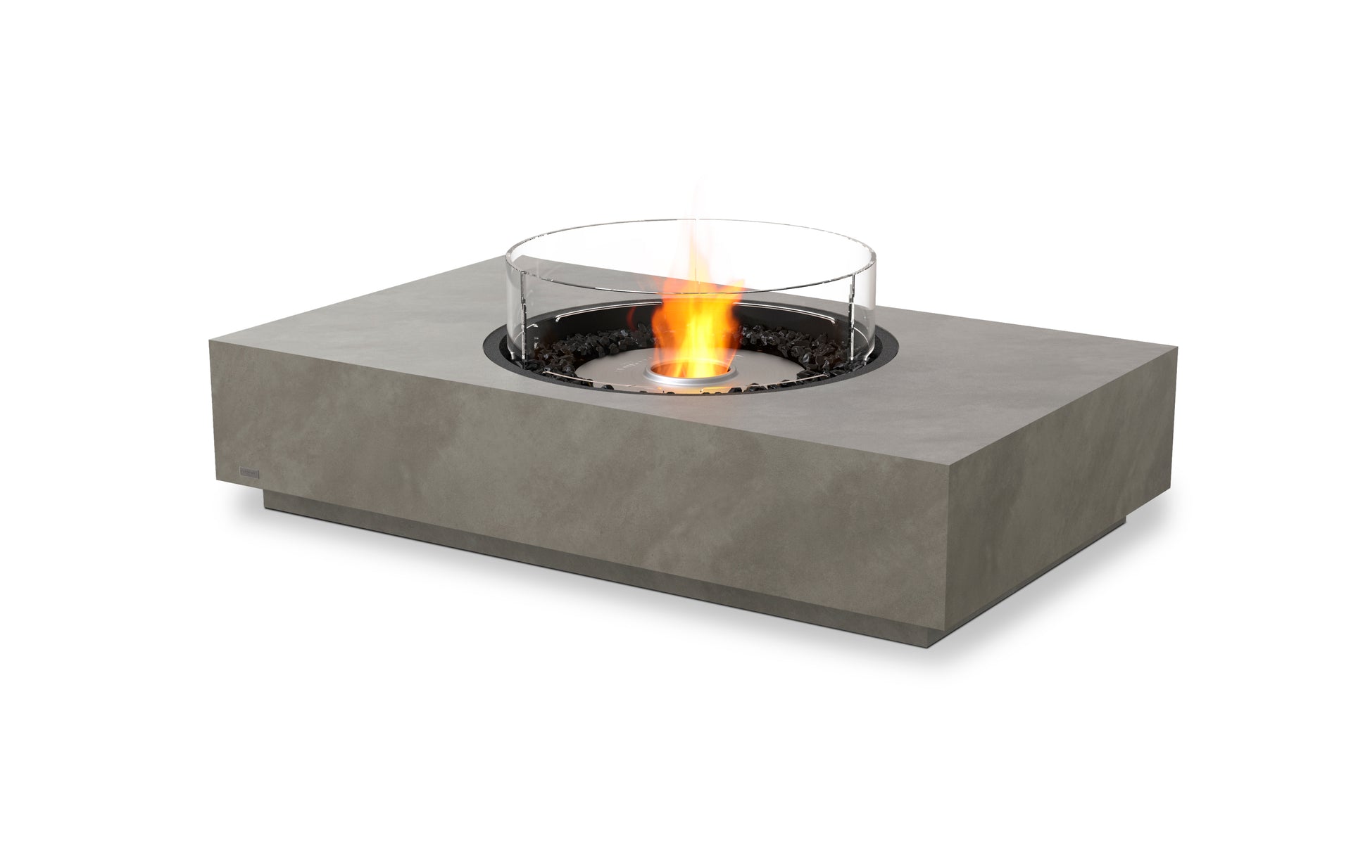 Concrete rectangular fire pit with flames on a white background