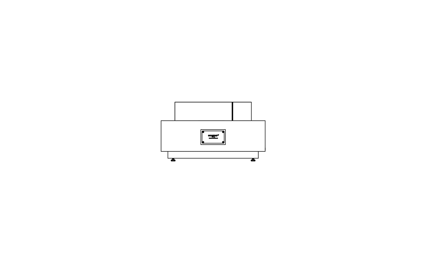 Simplified line drawing of a rectangular object with a small square on a white background