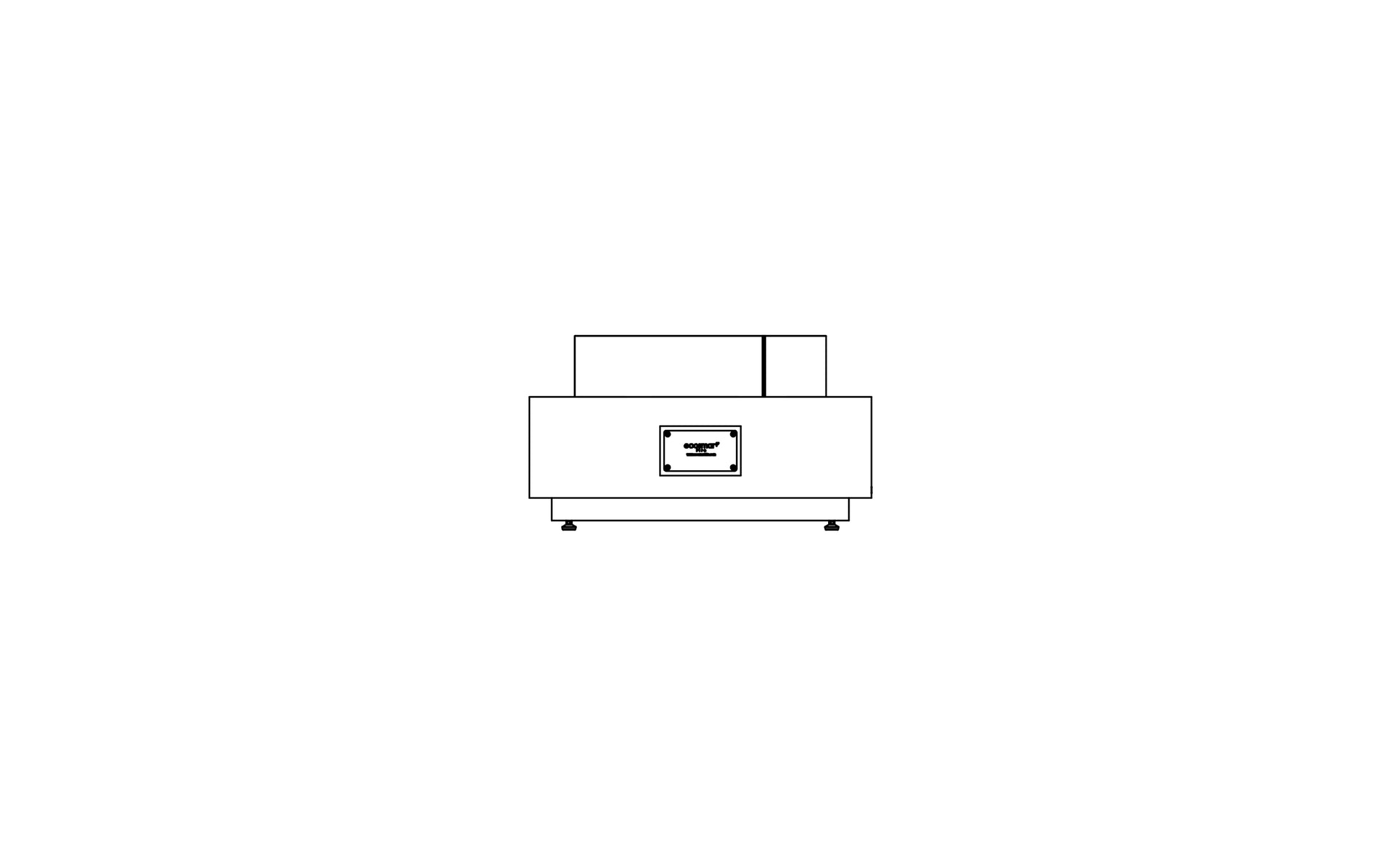 Simplified line drawing of a rectangular object with a small square on a white background