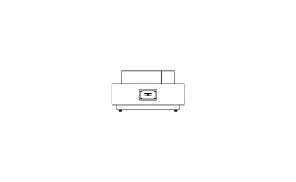 Simplified line drawing of a rectangular object with a small square on a white background