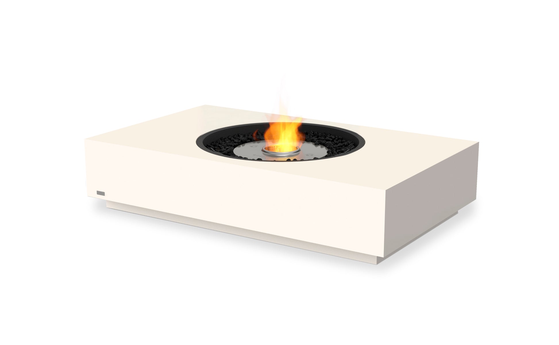 Hexagonal white fire pit with a glowing flame on a white background