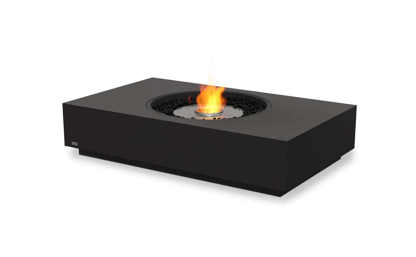 Black rectangular fire pit with flames on a white background