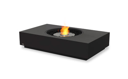 Black rectangular fire pit with flames on a white background