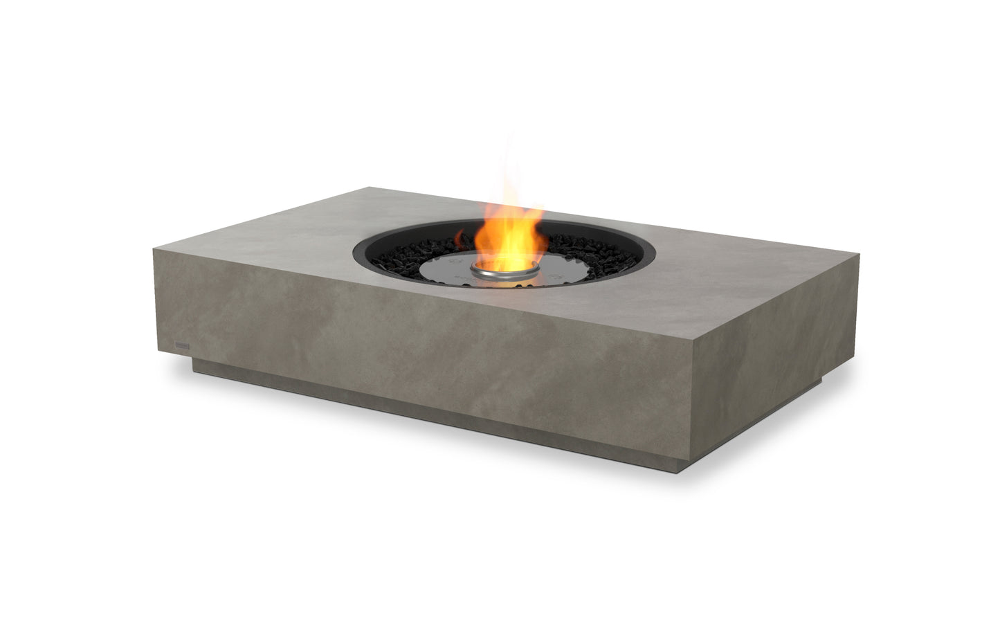 Concrete fire pit table with flames on a white background