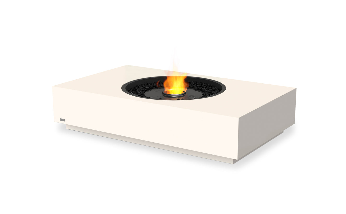 Modern white fire pit table with a glowing flame on a white background