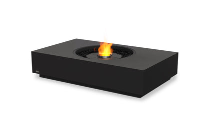 Black rectangular fire pit table with flames on a white background