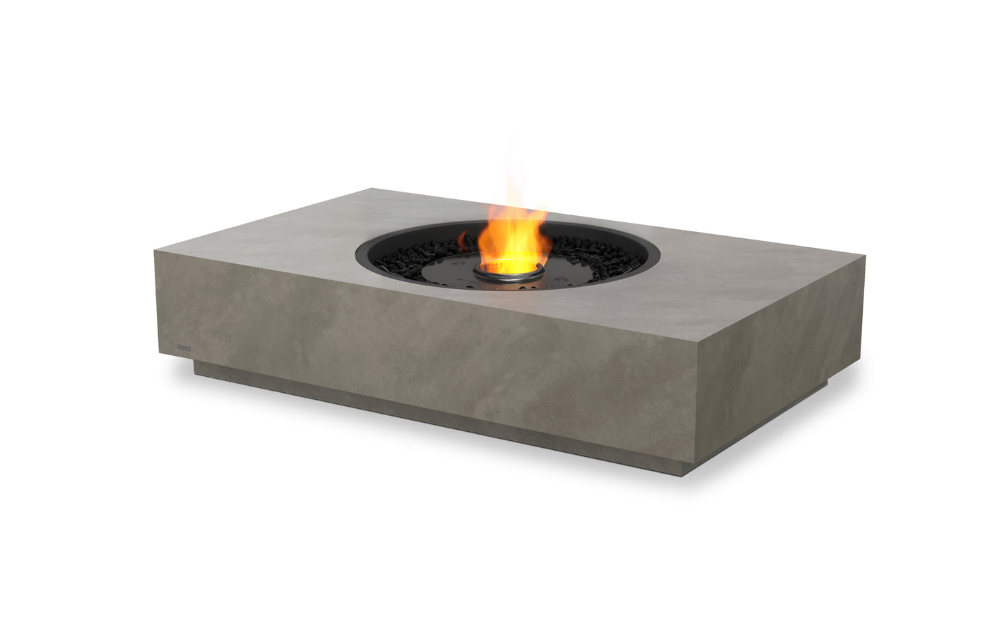 Concrete fire pit table with flames on a white background