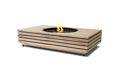 Wooden fire pit table with flames on a white background
