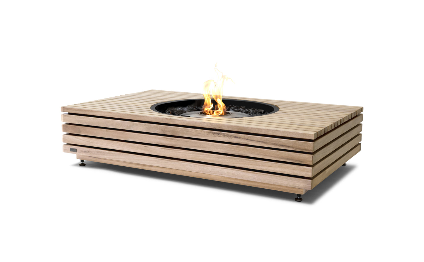 Wooden fire pit table with flames on a white background