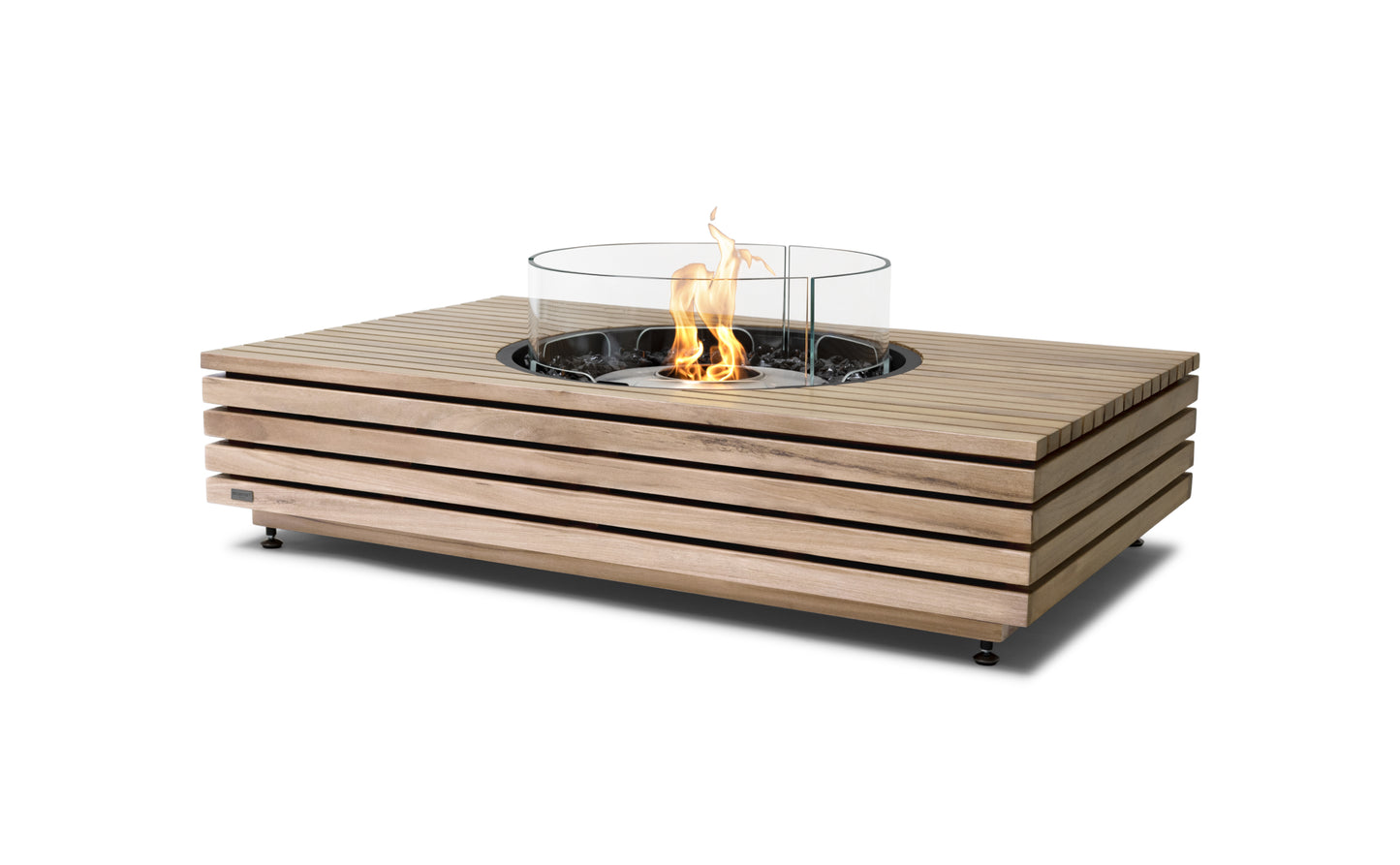 Wooden fire pit table with flames on a white background