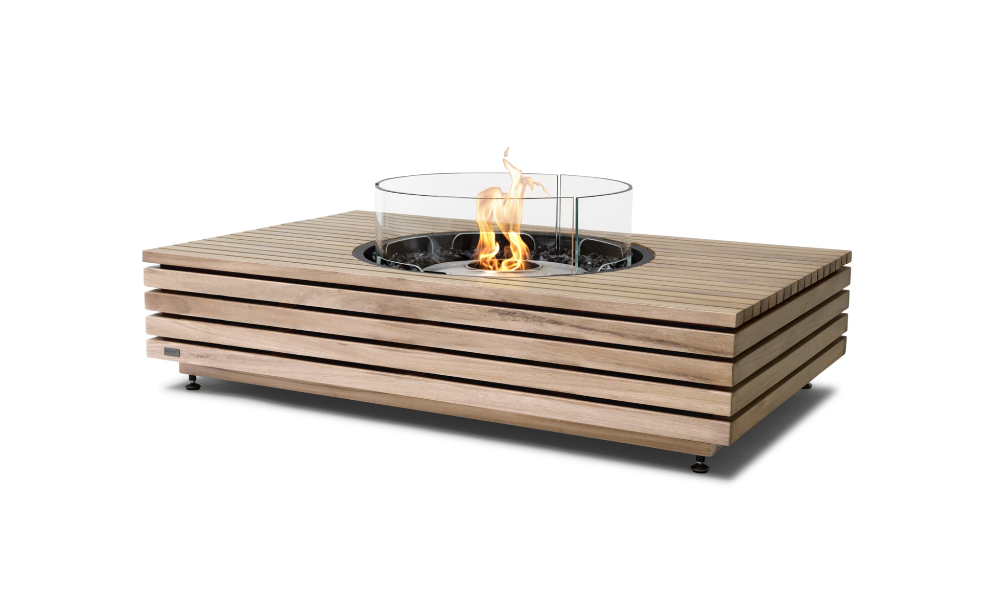 Wooden fire pit table with flames on a white background