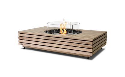 Wooden fire pit table with flames on a white background