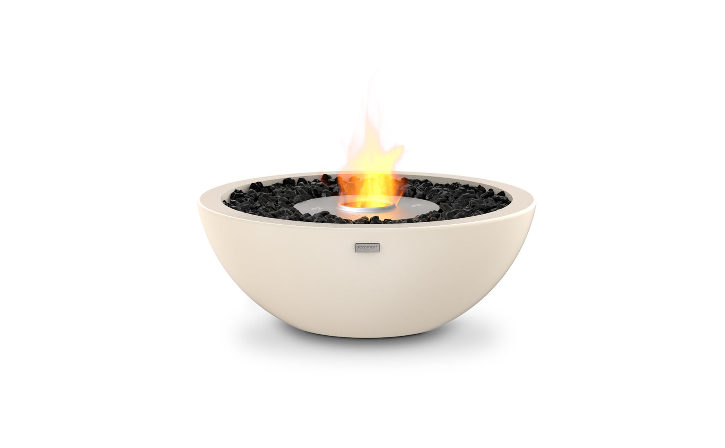 White fire pit bowl with flames on a white background