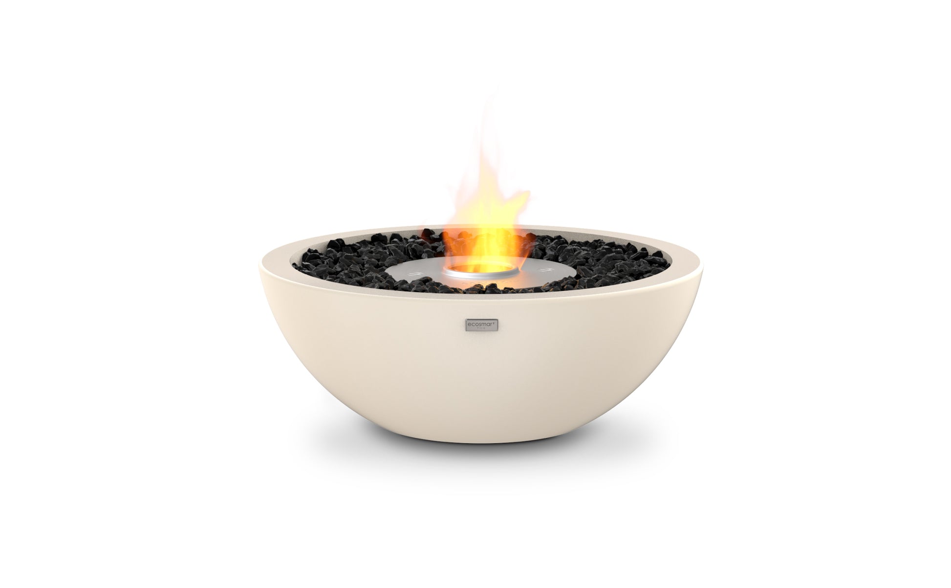 White fire pit bowl with flames on a white background