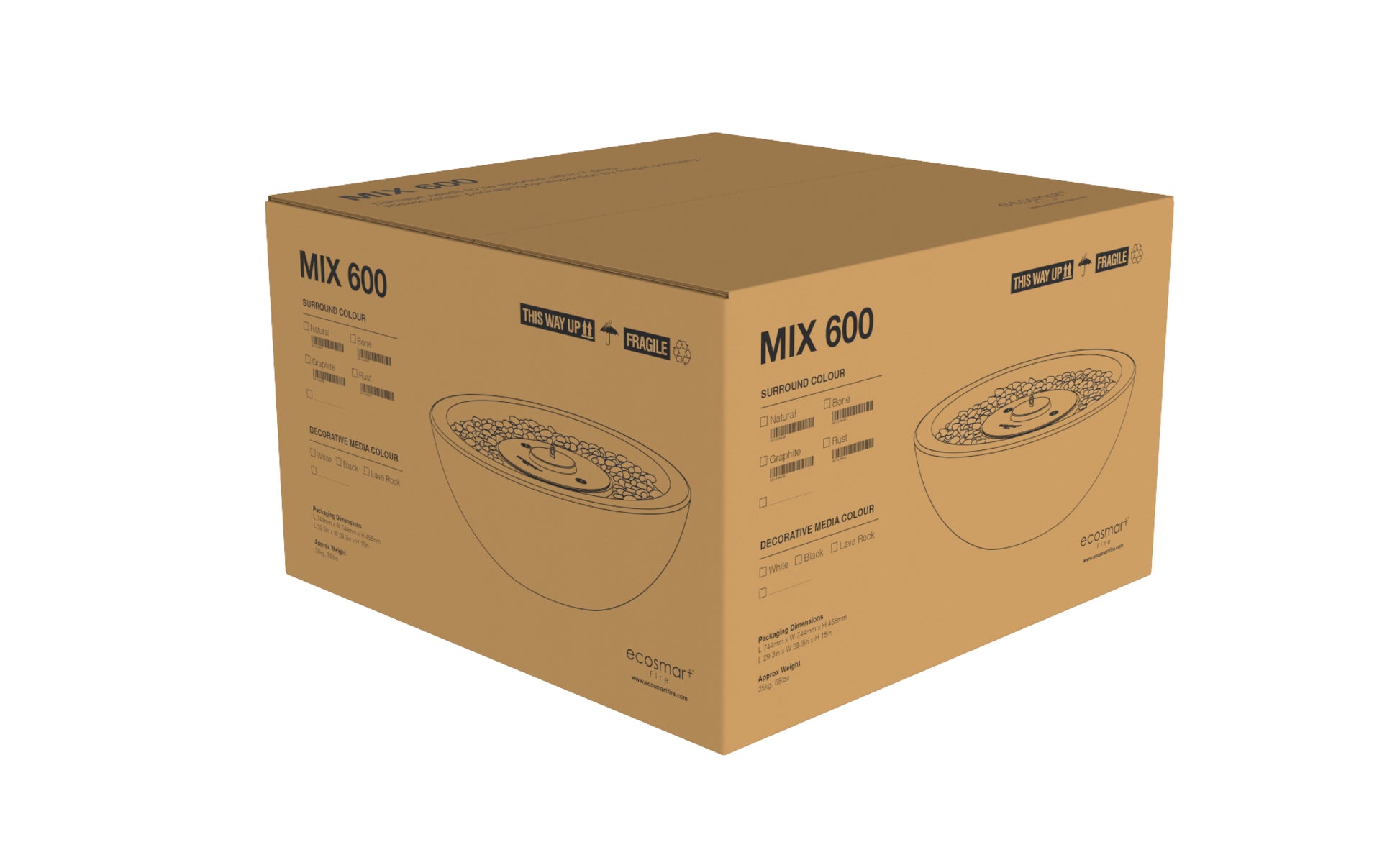 Cardboard box with 'MIX 600' branding on a white background