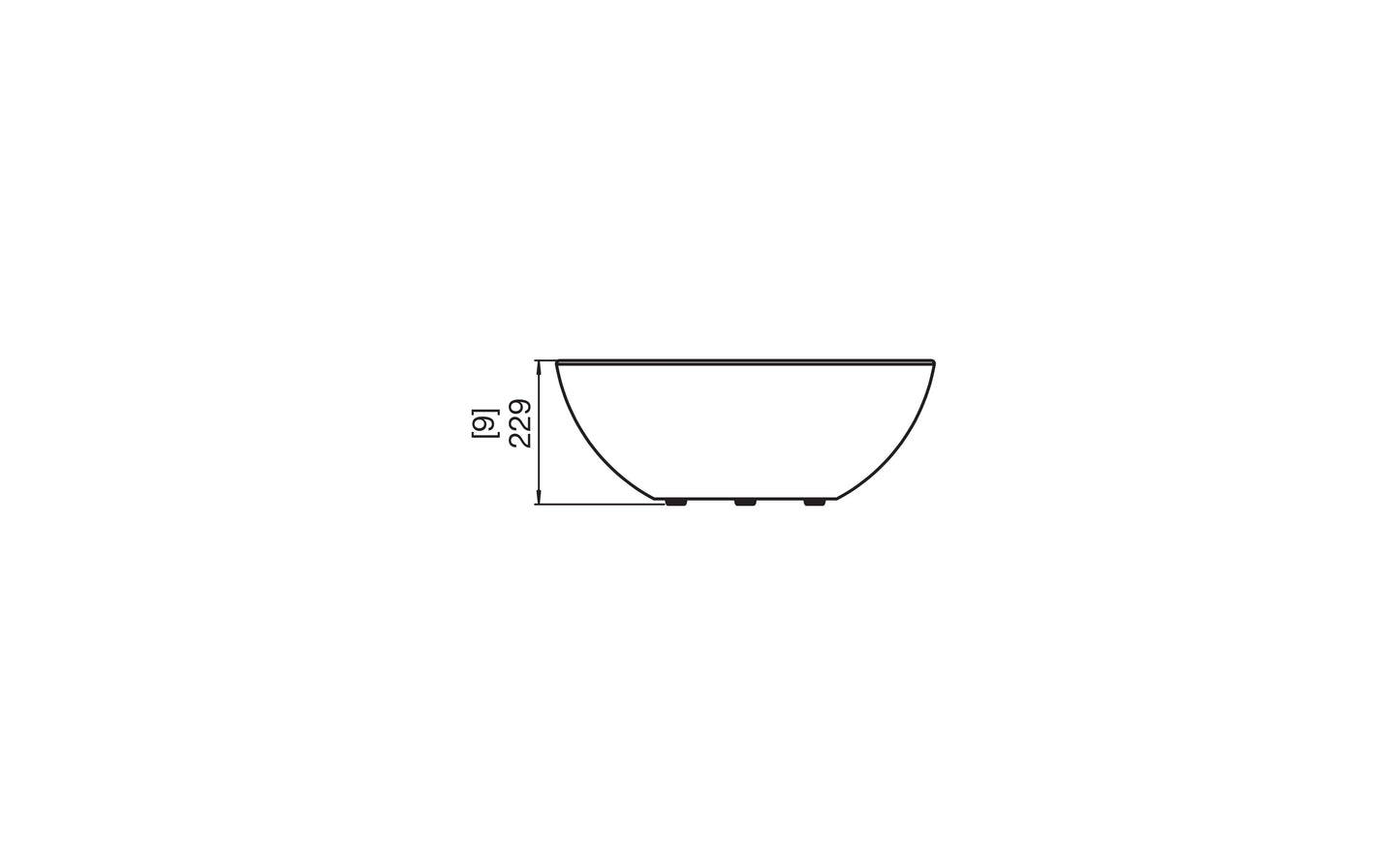 Technical drawing of a curved surface with measurements on a white background