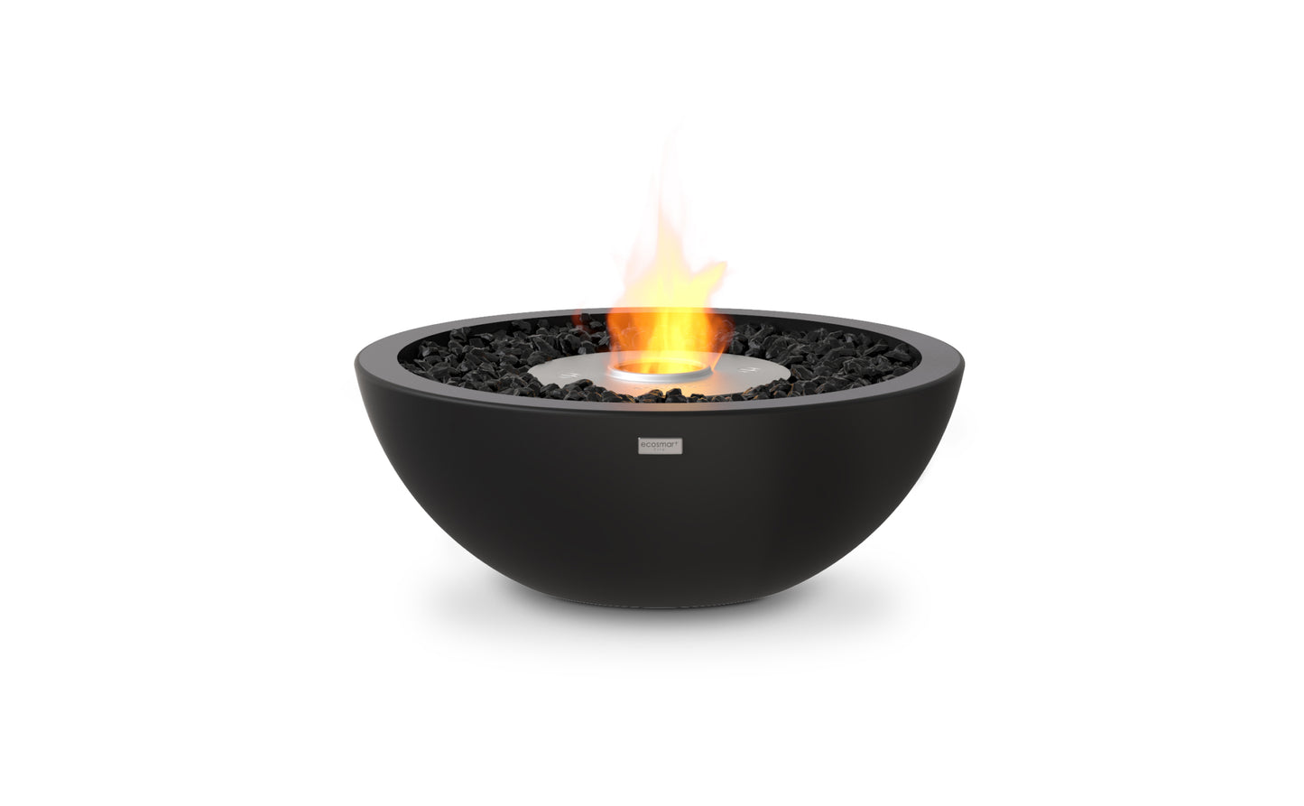 Black fire pit bowl with flames on a white background