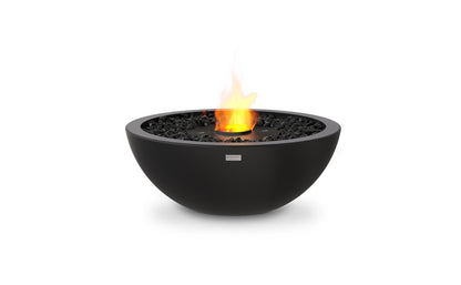 Black fire pit bowl with flames on a white background