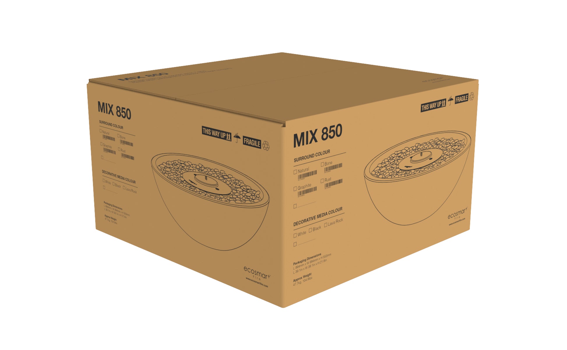 Cardboard box with 'MIX 850' branding on a white background