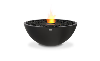 Black fire pit bowl with flames on a white background