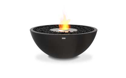 Black fire pit bowl with flames on a white background