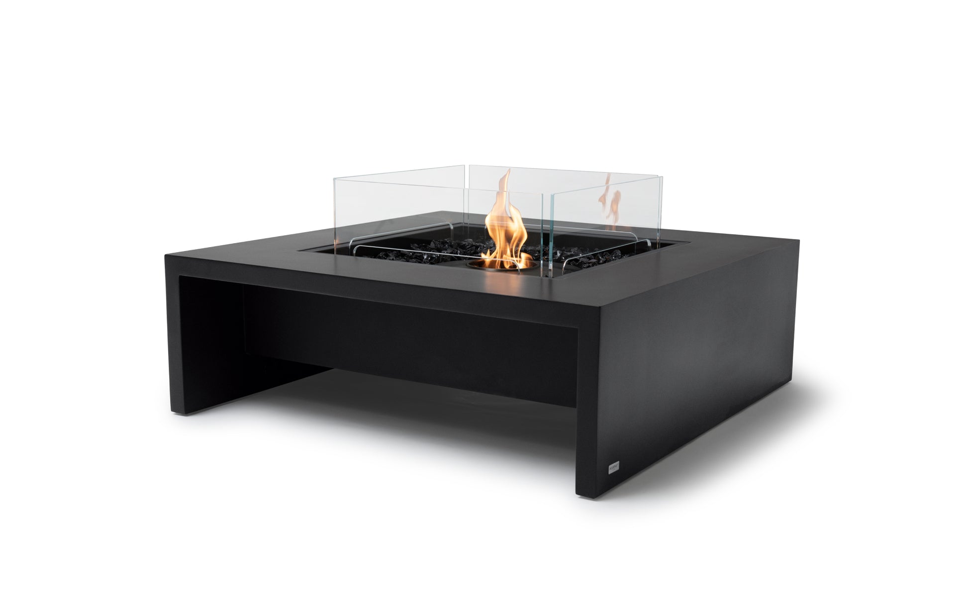 Black fire pit table with flames on a white background