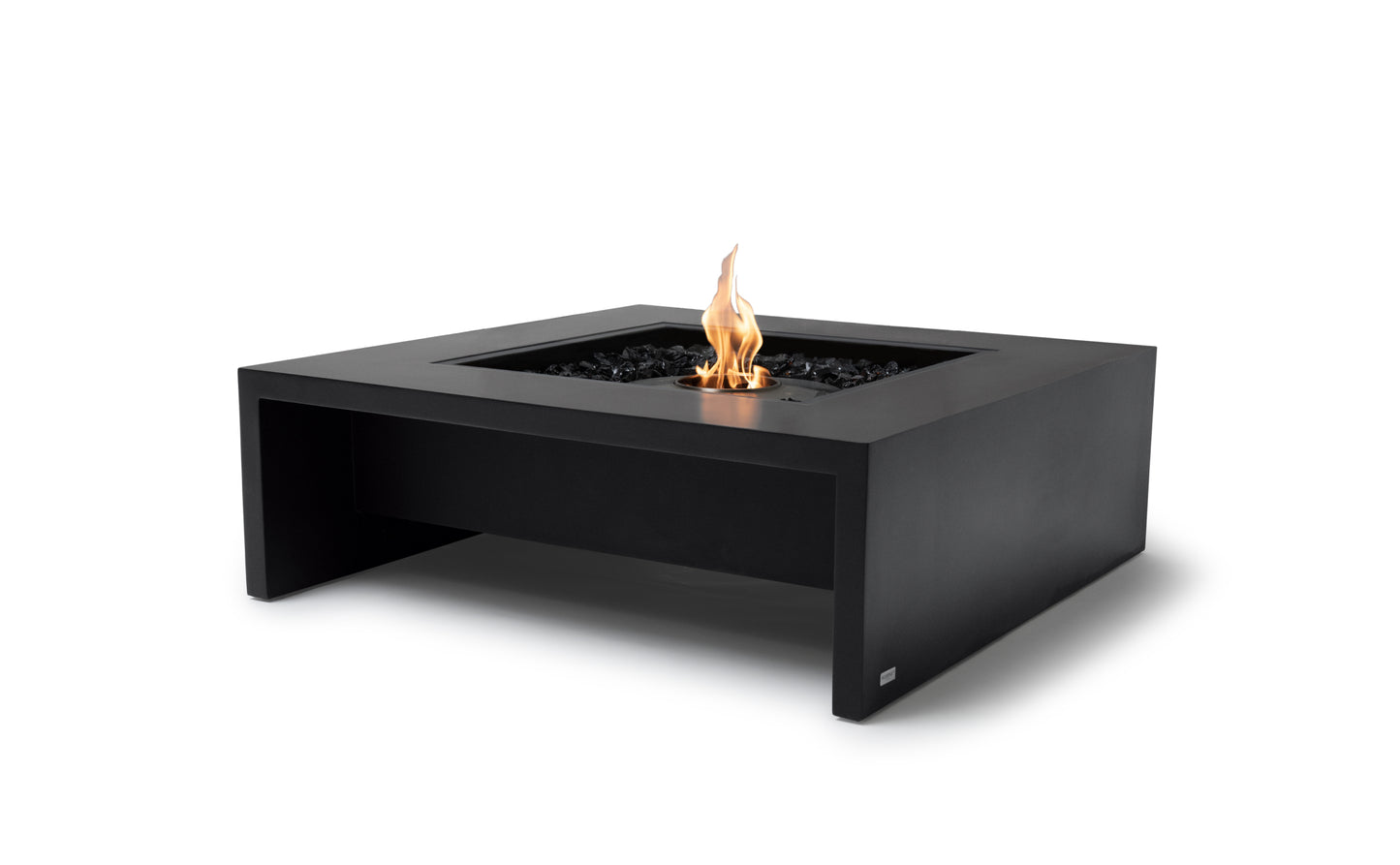 Black fire pit table with flames on a white background