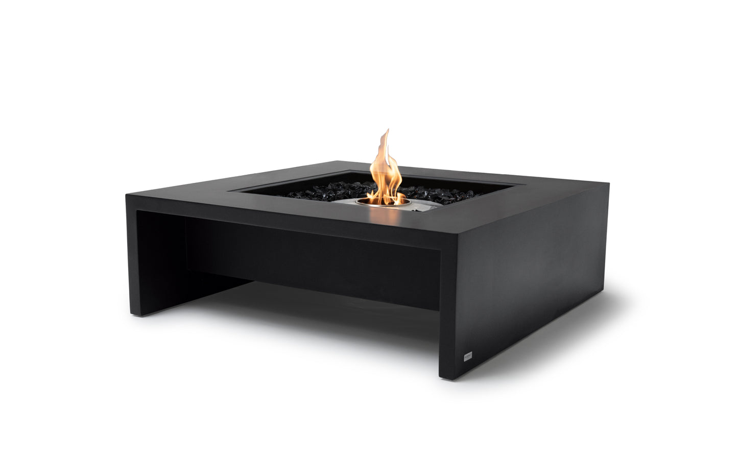 Black fire pit table with flames on a white background