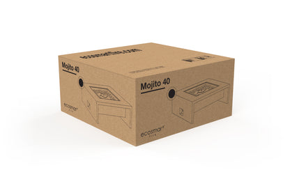 Cardboard box with 'Mojito 40' branding on a white background
