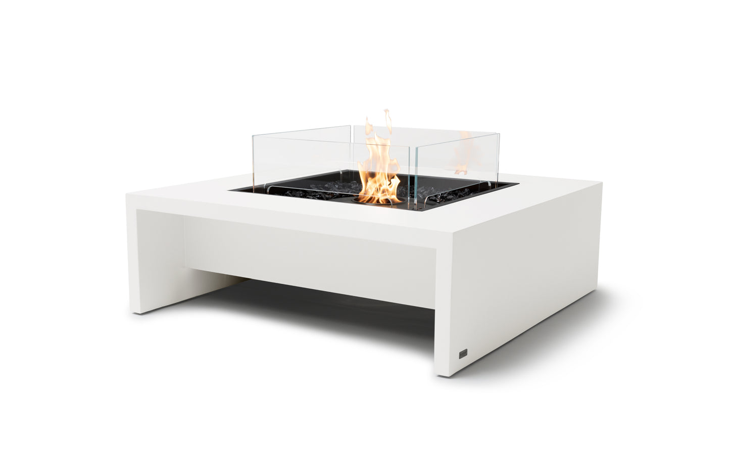 Modern white fire pit table with flames on a white background