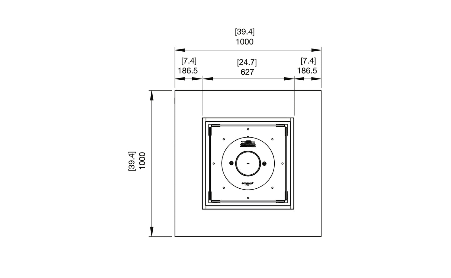 Technical drawing of a square component with dimensions
