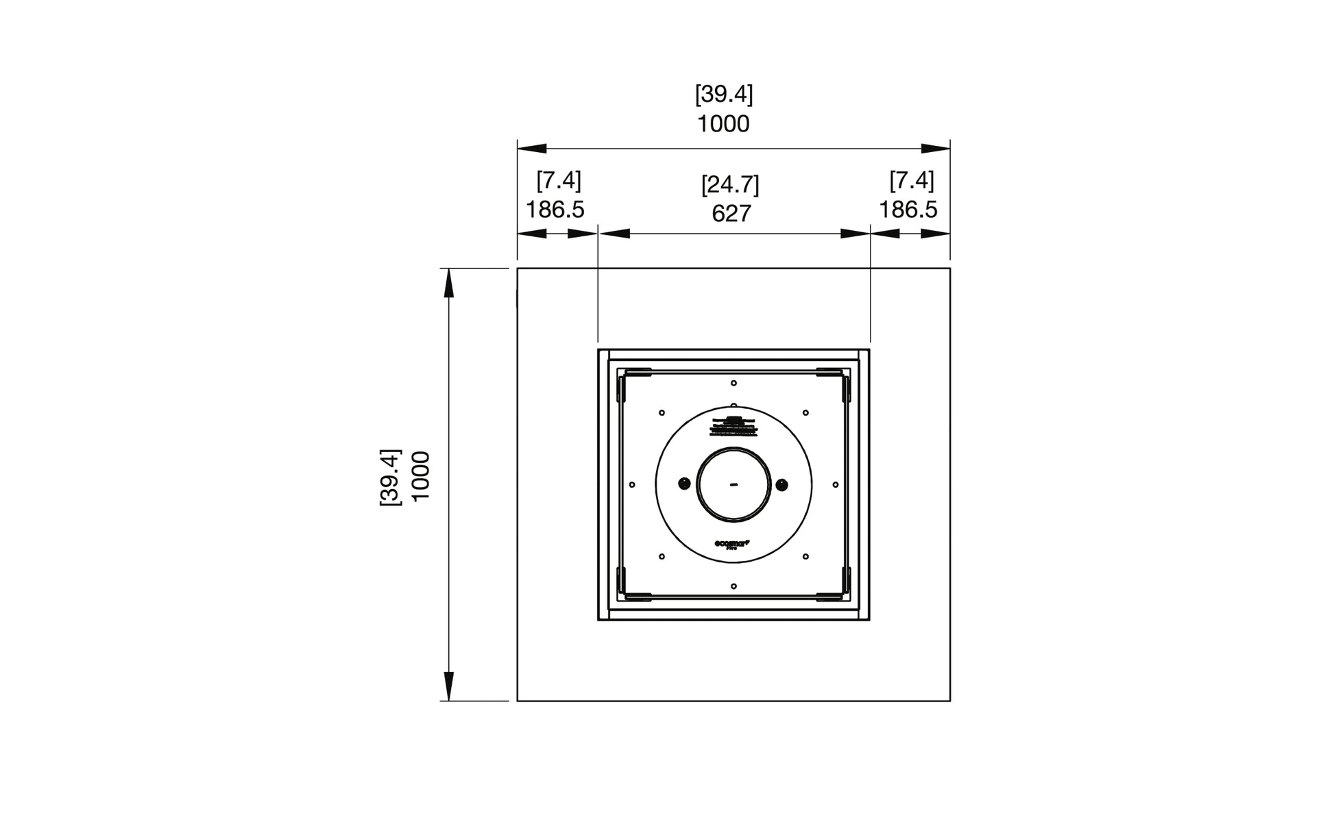 Technical drawing of a square component with dimensions