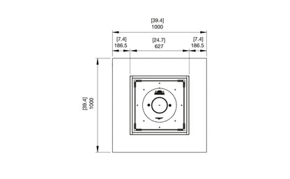 Technical drawing of a square component with dimensions