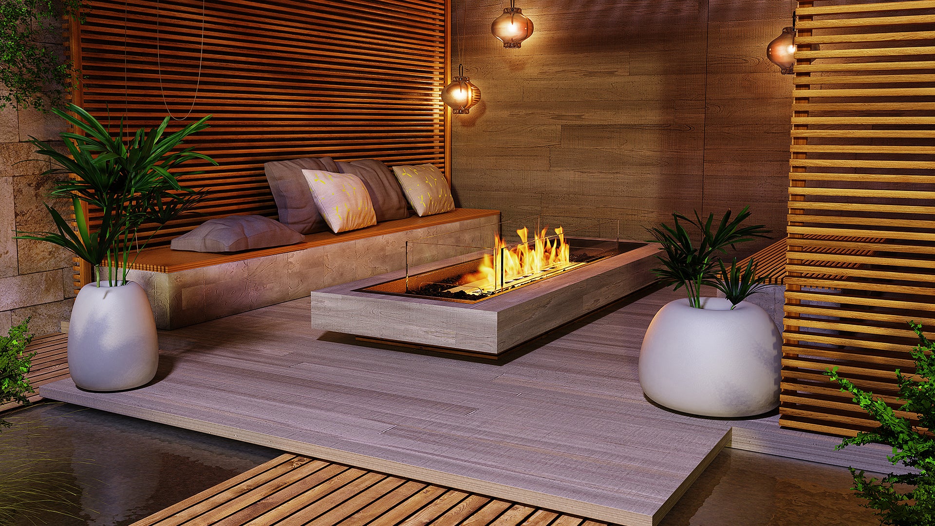 Modern outdoor seating area with a fire pit, plants, and wooden walls.