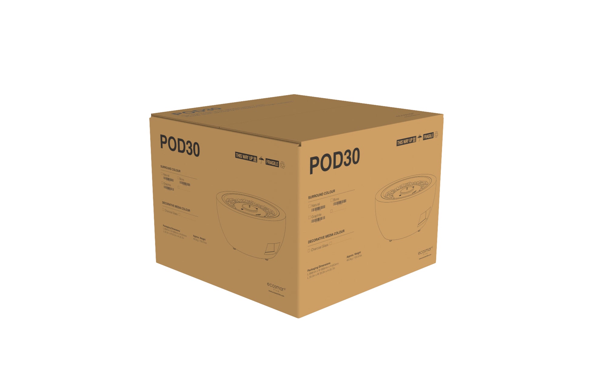 Cardboard box with 'POD30' branding on a white background