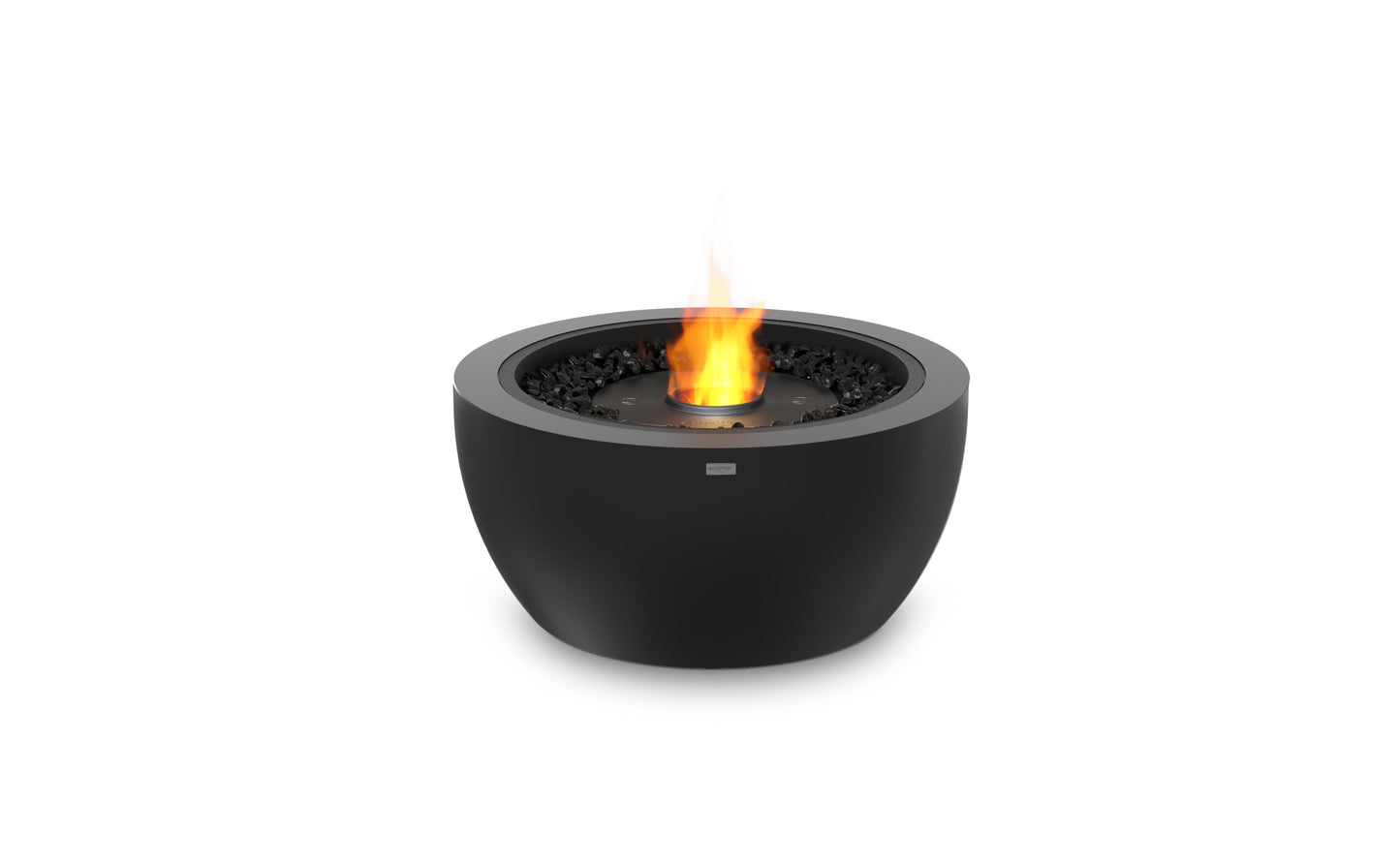 Black fire pit with flames on a white background